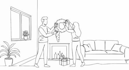 Couple decorating Christmas wreath together at home. 