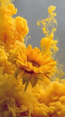 Yellow flower in abstract ink composition