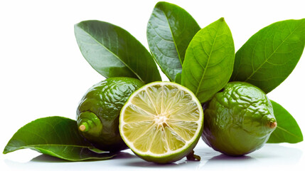 Fresh Kaffir lime with vibrant green leaves isolated on a white background. Highly detailed studio shot showcasing the textured rind and glossy foliage—ideal for culinary visuals, herbal product