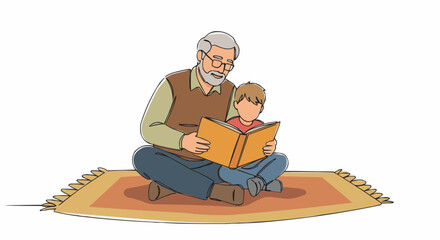 An elderly person and a child reading book. Sharing a special moment.