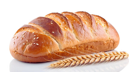 Tasty artisan bread with golden wheat stalks isolated on a white background. Freshly baked loaf symbolizing natural ingredients, farm-to-table goodness, and rustic bakery charm