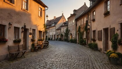 Obraz premium Charming european cobblestone street with historic buildings and warm sunset light