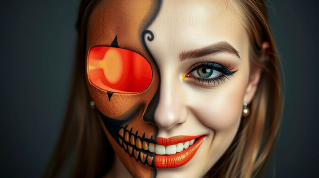 A woman with bright and mysterious makeup combines glamour with a dark Halloween aesthetic. One half of her face is decorated with makeup, while the other highlights her natural beauty.