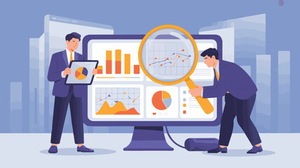 Business professionals analyze financial data charts on large monitor, seeking insights for growth