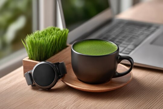 Smart watch and green drink setup at home office modern workspace lifestyle calm environment close-up concept
