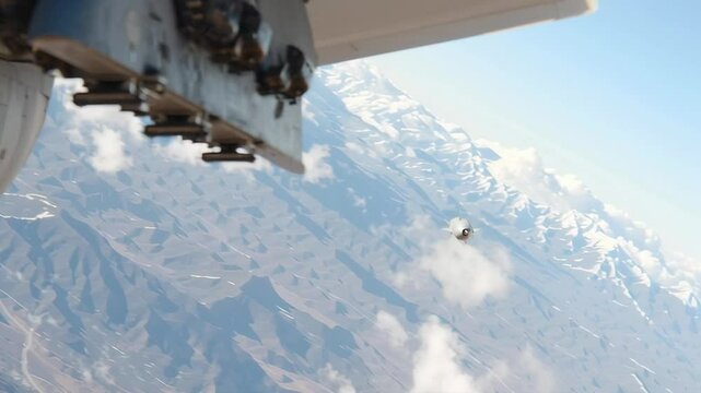 A silver missile is shot out of the back of a plane. The missile is in the air and is surrounded by mountains