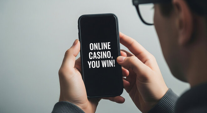 Smartphone in hands, the inscription "ONLINE CASINO, YOU WIN" on the smartphone screen, minimalism. Concept of gambling addiction, online fraud, fake casino.