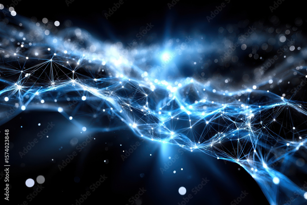 Poster light patterns create an abstract representation of a digital network in deep space