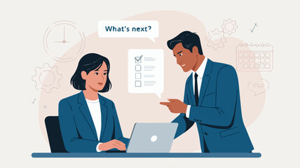 Frustrated boss criticizes employee's work, questioning task progress in modern office setting