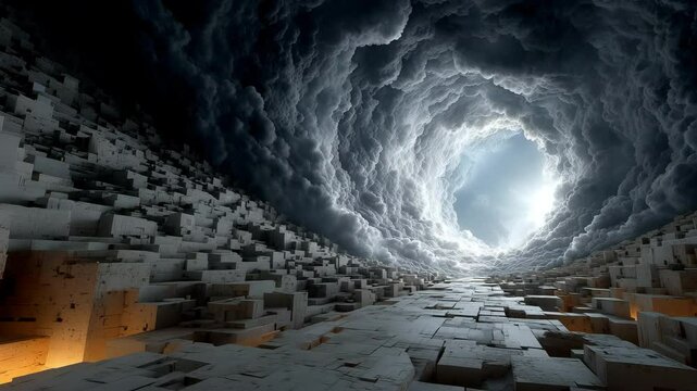 Visualizing the structure of consciousness, this surreal tunnel of light and shadow evokes a sense of introspection and wonder, reminiscent of Plato's Allegory of the Cave.