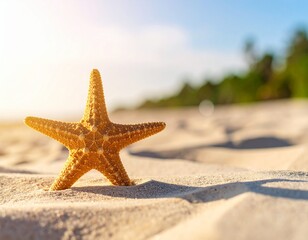 Tight shot of a starfish resting on fine beach sand, with sunlight casting a soft shadow. Evokes feelings of summer, simplicity, and connection to nature.