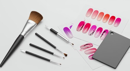 Nail art tools and color charts flatlay