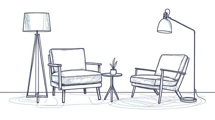 One continuous single-line drawing of a reading chair with a floor lamp. Minimalist hand-drawn contour style, flat doodle illustration of illuminated furniture. Isolated on white background, original 
