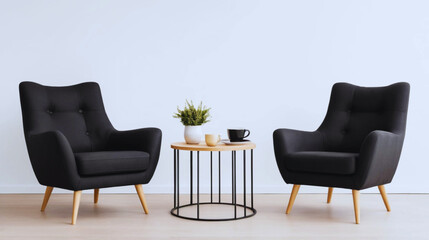 Modern black armchair paired with a light wood side table and coffee cups, isolated on white background. Minimalist and stylish interior furniture setup perfect for cozy living spaces
