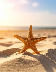 Tight shot of a starfish resting on fine beach sand, with sunlight casting a soft shadow. Evokes feelings of summer, simplicity, and connection to nature.