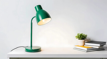 Modern green desk lamp in minimalist style, studio shot on white background. Sleek and contemporary lighting design perfect for home offices, workspaces, and study desks. Functional, stylish