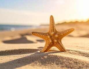 Tight shot of a starfish resting on fine beach sand, with sunlight casting a soft shadow. Evokes feelings of summer, simplicity, and connection to nature.