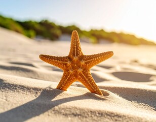 Tight shot of a starfish resting on fine beach sand, with sunlight casting a soft shadow. Evokes feelings of summer, simplicity, and connection to nature.