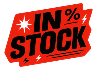 Dynamic red tag sticker with "IN STOCK" in bold black text, vibrant retail promo announcement on transparent background.