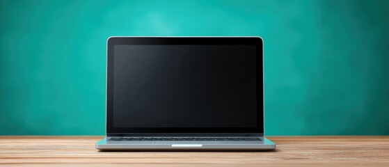 Laptop on wooden desk home office setting digital technology minimalist environment frontal view modern workspace concept