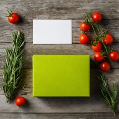 Culinary Still Life with Tomatoes, Rosemary, and Green Box