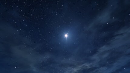 Fototapeta premium Single bright star shining in the vast dark night sky with minimal clouds, symbolizing hope, solitude, inspiration, peace, space, and cosmic beauty in a quiet atmosphere