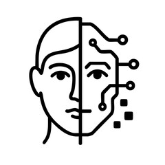 Minimalist black and white illustration of a human face that transforms into digital pixels or circuit lines, representing human-machine integration.