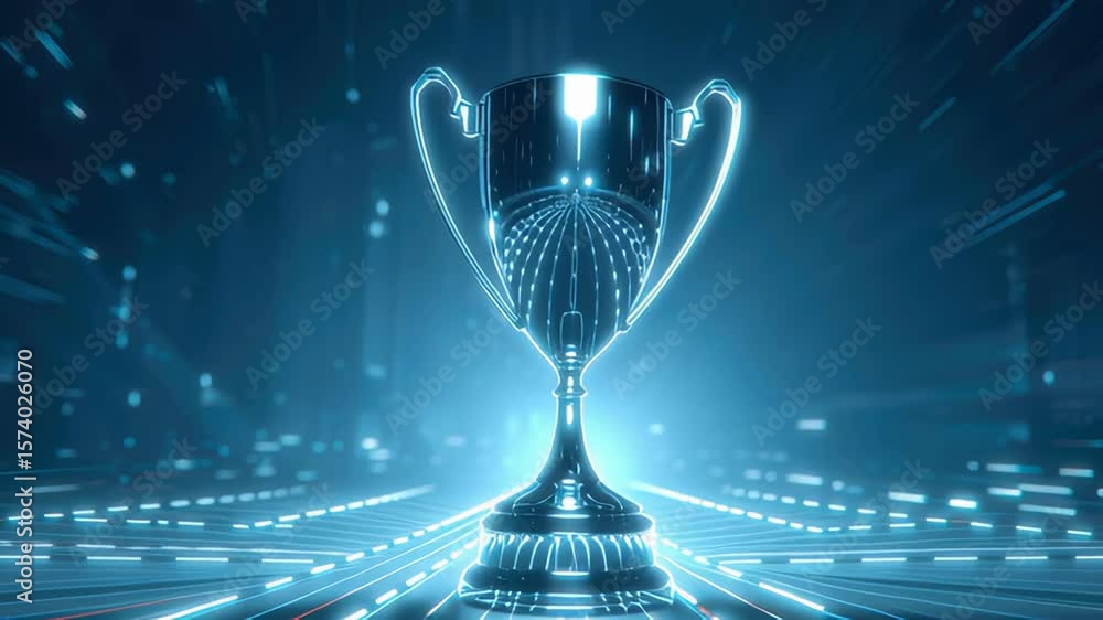 Poster futuristic trophy on abstract background with dynamic light effects for achievement and success them