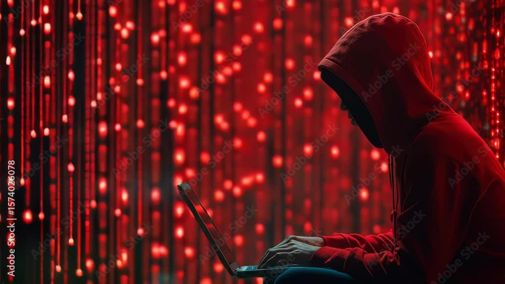 Poster mysterious hacker in hooded sweatshirt working on laptop with red matrix code background at night