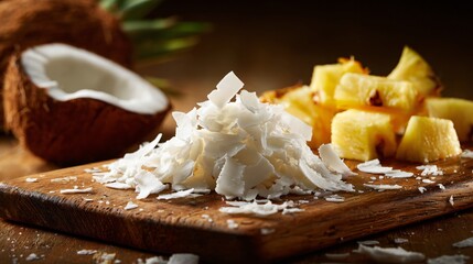 Coconut flakes and frozen pineapple chunks on ceramic board
