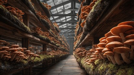 Indoor Mushroom Farm Cultivating Edible Fungi on Shelves under Glass Roof