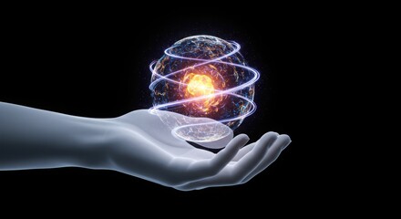 Sci-fi styled atom floating above open hand