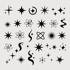 Black Starbursts and Atomic Symbols on Light Gray Background