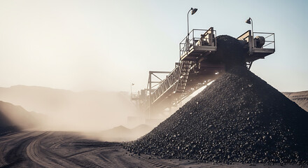 A large pile of rocks is being produced by a conveyor belt in an industrial area.