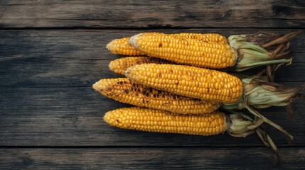 Golden ears of corn stack on rustic wooden surface viewed from above