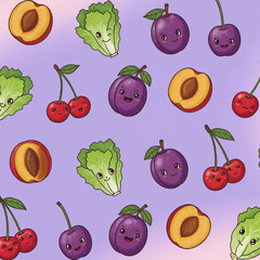  Playful hand-drawn fruit and veggie pattern with smiling faces on pastel background