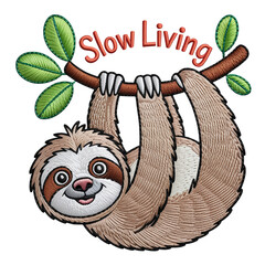 Smiling sloth hanging on branch with leaves image