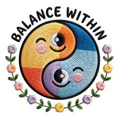 Smiling yin yang with flowers embroidery colorful
