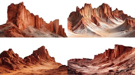 Eroded cliffs and canyons in various angles, isolated on white