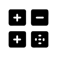 Obraz premium Four black square icons featuring plus, minus, and multiplication symbols isolated on white background
