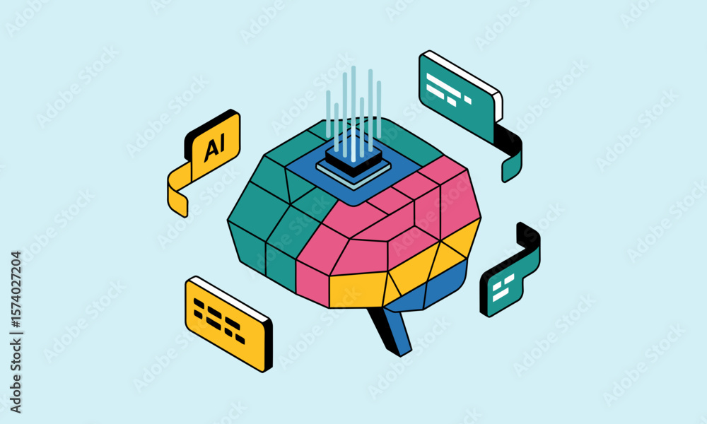 Poster isometric ai brain processing data. artificial intelligence, machine learning, and neural network co