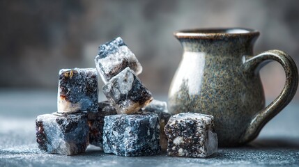 Frozen herbal cubes beside ceramic jug, stone table background