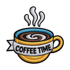 Steaming coffee cup with text embroidery hot beverage