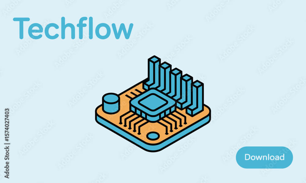 Poster minimalist isometric circuit board illustration with microchip and heatsink for technology concepts