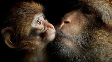 Close-up portrait of affectionate monkeys showcasing familial bond and tenderness