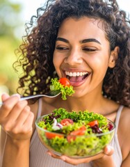 Close-up of a woman enjoying a colorful salad, with focus on her smiling mouth and forkful of fresh vegetables. A vibrant and healthy eating concept perfect for lifestyle, wellness, or nutrition theme