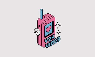 Naklejka premium Y2K Vibes Retro Mobile Phone Icon. Isometric Pink Cellphone with Heart and Sparkle. Early 2000s Aesthetic Digital Design.