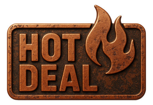 Rusty metallic tag with HOT DEAL in embossed lettering and flame icon, vintage retail promo on transparent background.