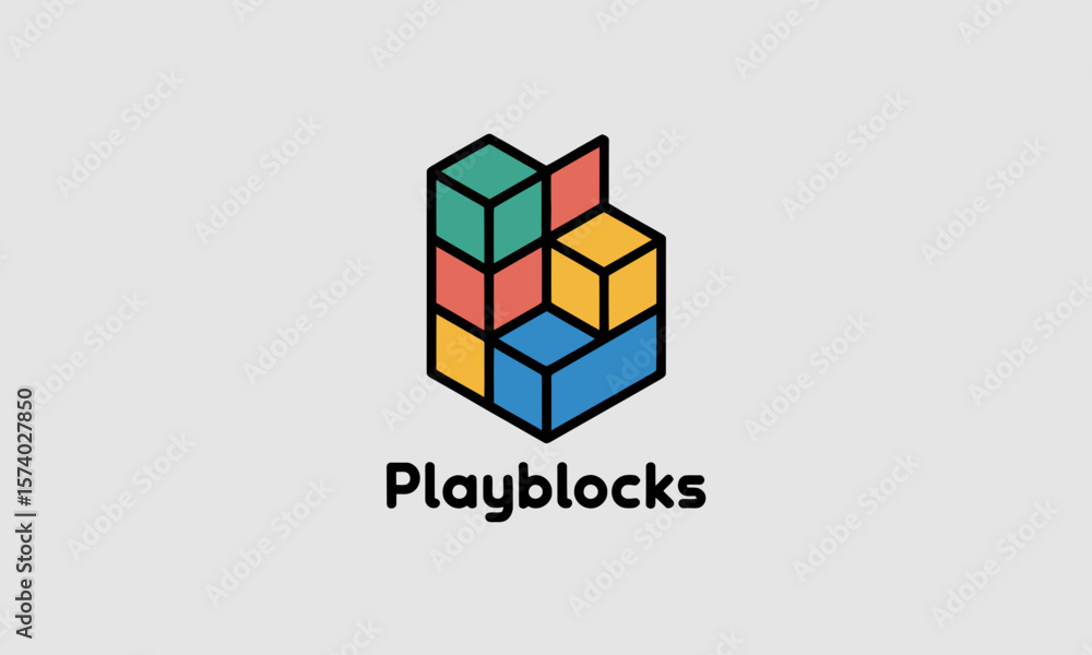 Poster colorful isometric blocks logo with playblocks text. modern graphic design for building, learning, o