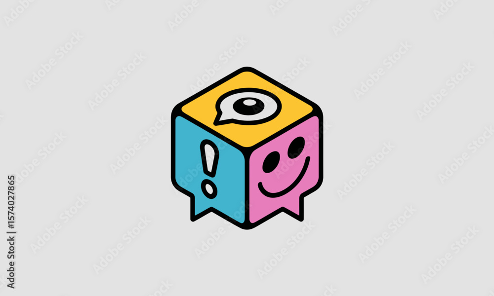 Poster colorful 3d cube with communication and emotion icons on speech bubble faces, representing ideas, ch